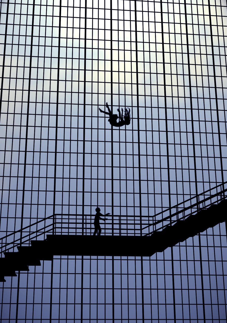 Girl falls from spiral staircase into boy below, rendered in black and white.