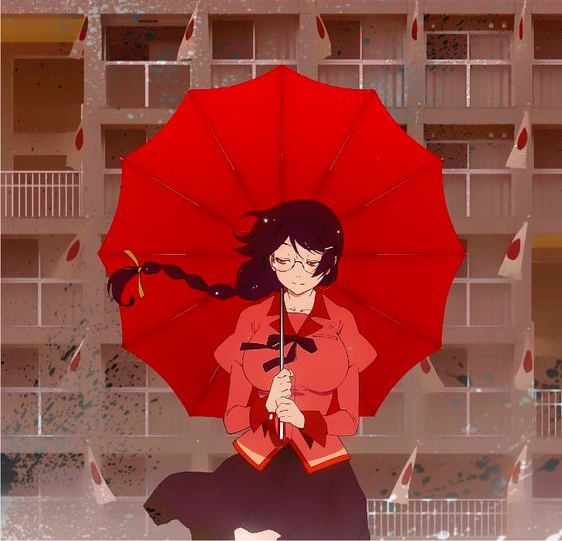 A girl stands under an umbrella.