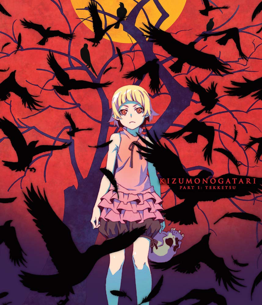 A vampire girl stands in front of a bare tree with black birds flying around.